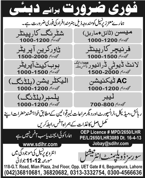 Jobs in Dubai for Furniture & Shuttering Carpenter, AC Technician