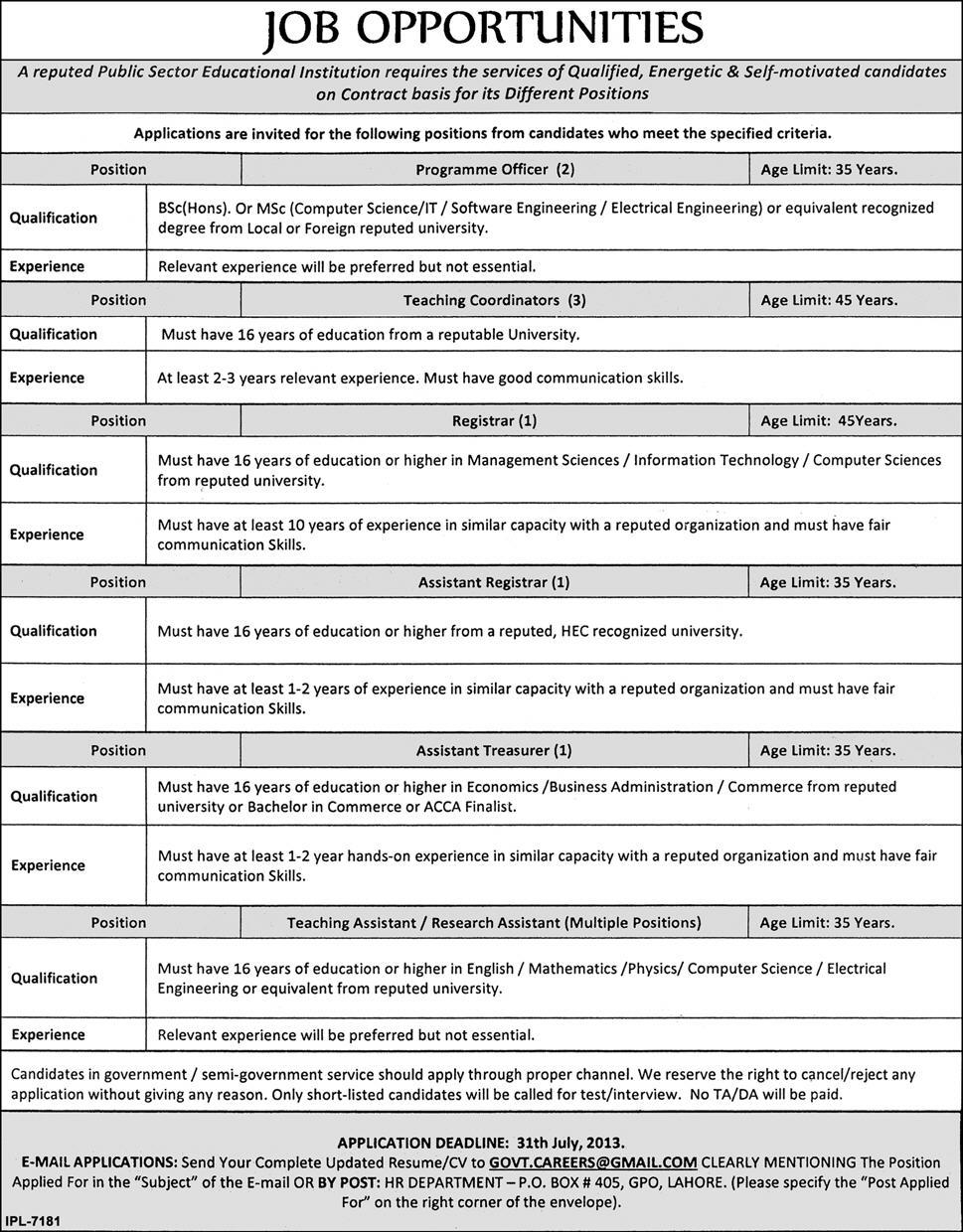 Jobs in Lahore Programming, Teaching & Assistant