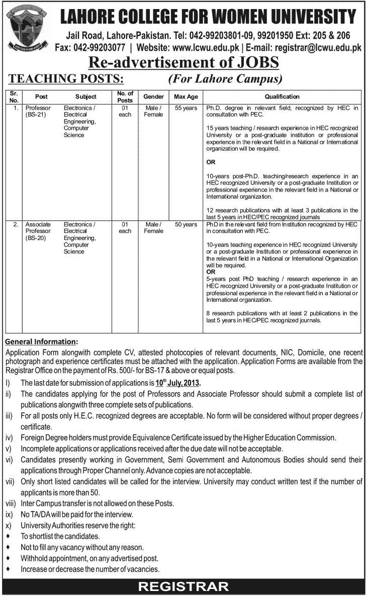 Lahore College for Women University Jobs Required for Professors