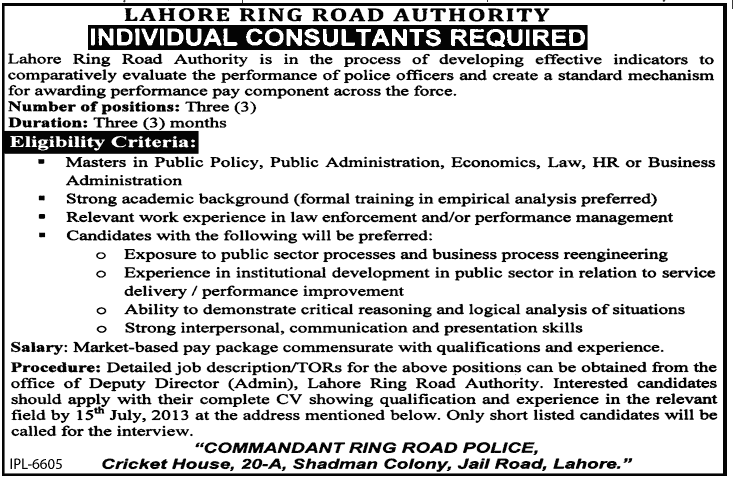 Lahore Ring Road Authority Jobs for Individual Consultants