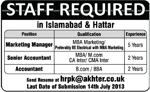 Marketing Manager & Accountant Jobs Required in Islamabad