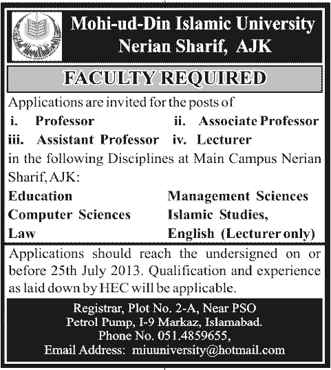 Mohi-ud-Din Islamic University AJK Jobs for Professors