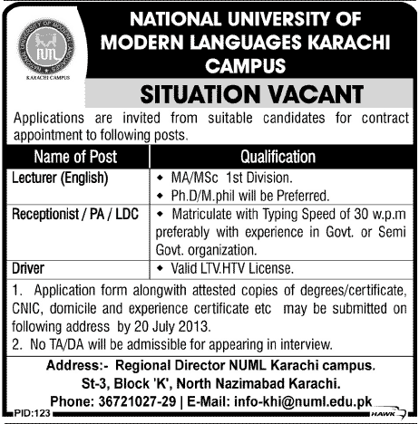 NUML Karachi Jobs for Lecturer & Receptionist