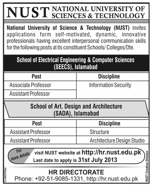 NUST Islamabad Jobs for Associate Professor
