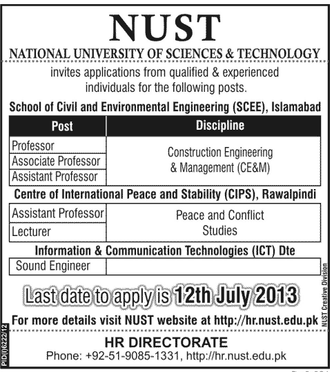 NUST Islamabad Jobs for Professor and Lecturer