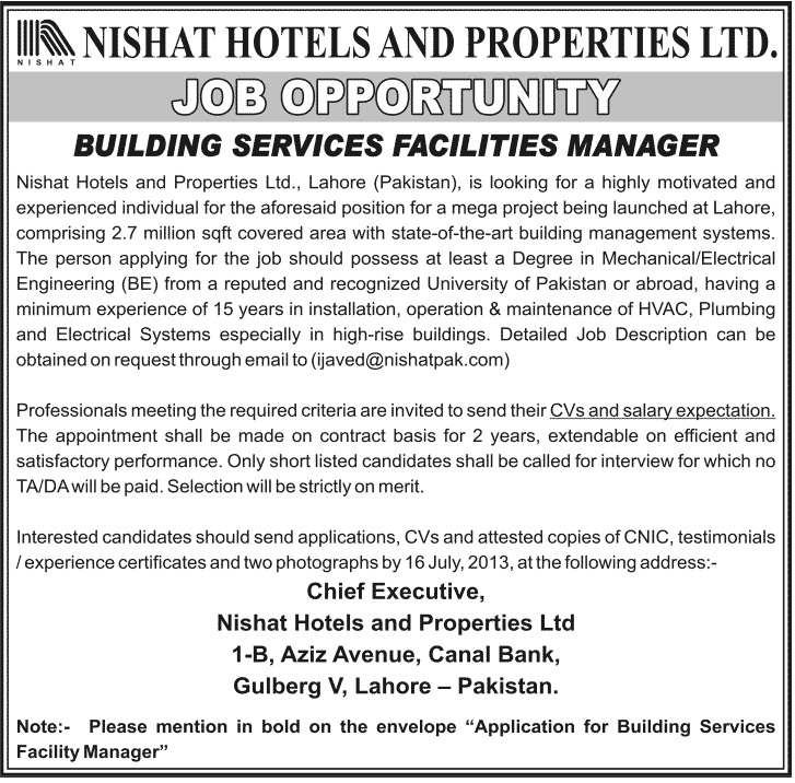 Nishat Hotels Lahore Jobs for Building Services Facilities Manager