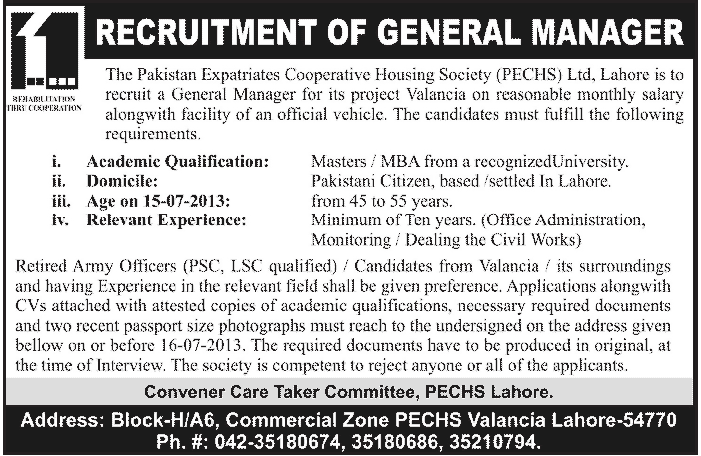 PECHS Valancia Lahore Jobs for General Manager