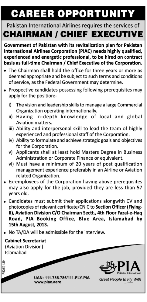 PIA Chairman hief Executive jobs in Pakistan International Airlines