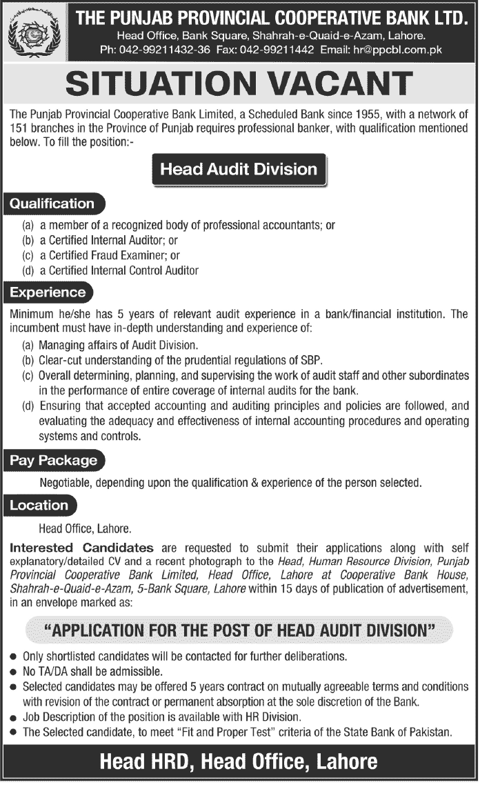 PPCBL Lahore Jobs Required for Head Audit Division