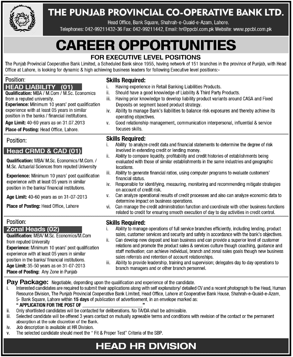 PPCBL Lahore Jobs for Head Liability & Zonal Head