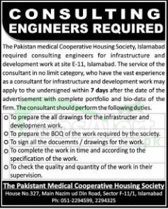 Pakistan Medical Cooperative Housing Society Jobs for Consulting Engineers