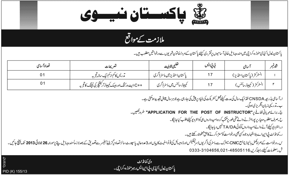 Pakistan Naval Academy Jobs for Instructor