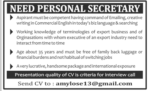 Personal Secretary Jobs Needed in Pakistan