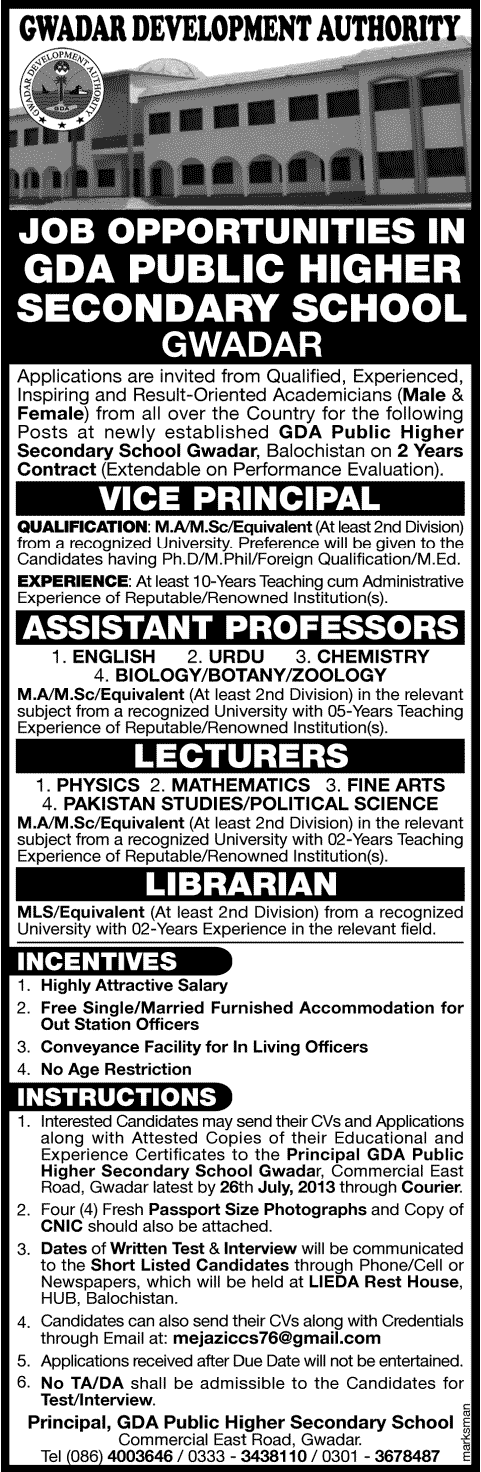 Principal & Lecturer Jobs in Public Higher Secondary School Gwadar