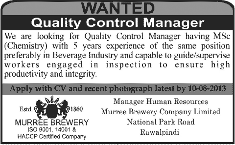 QC Manager Jobs in Murree Brewery Company Rawalpindi