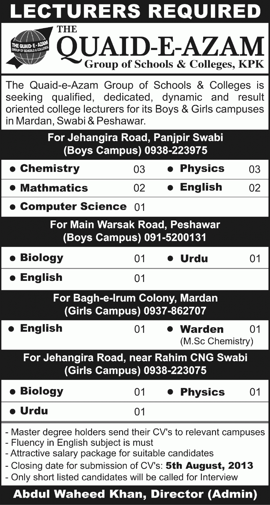 Quaid-e-Azam Group of Schools & College KPK Jobs for Lecturer