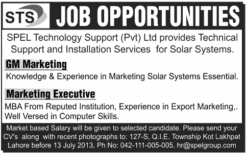 SPEL Lahore Jobs for GM Marketing & Marketing Executive