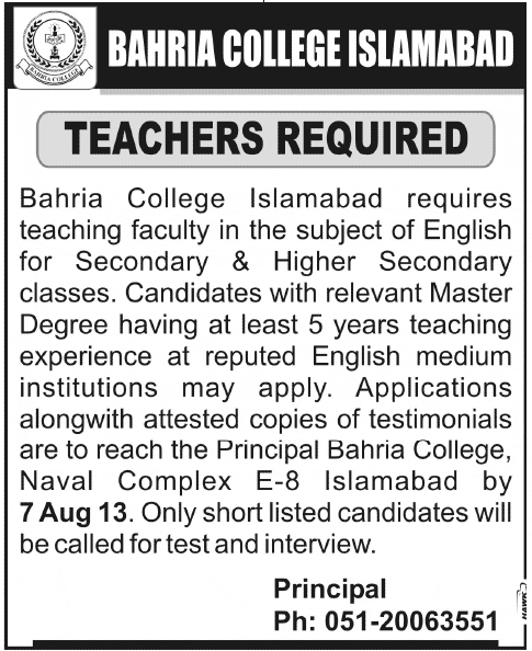 Teacher Jobs in Bahria College Islamabad