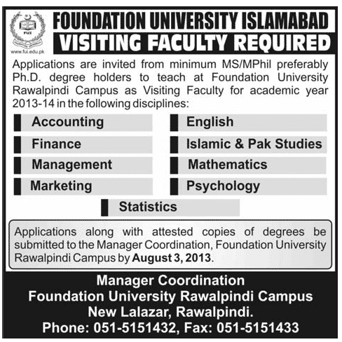Teachers Jobs in Foundation University Islamabad