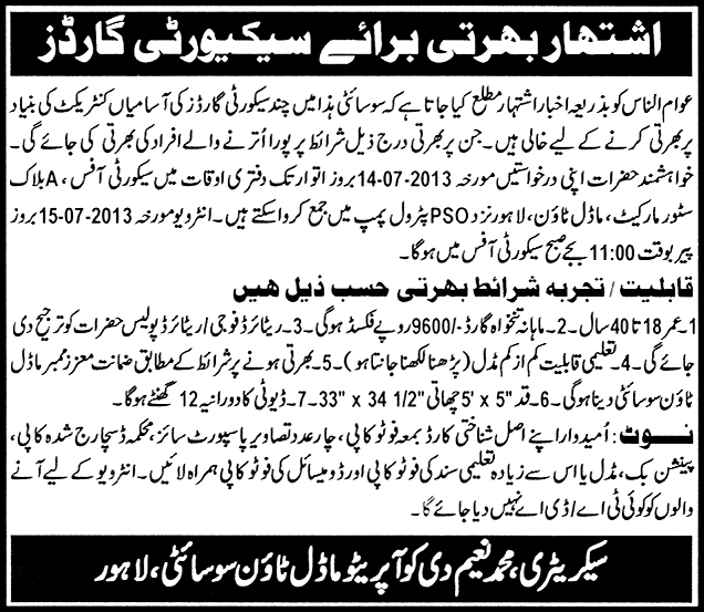 The Cooperative Model Town Society Lahore Jobs for Security Guard