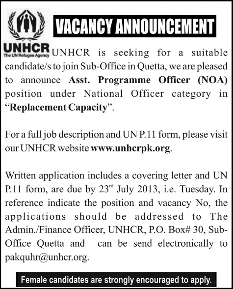 UNHCR Quetta Jobs for Assistant Programme Officer