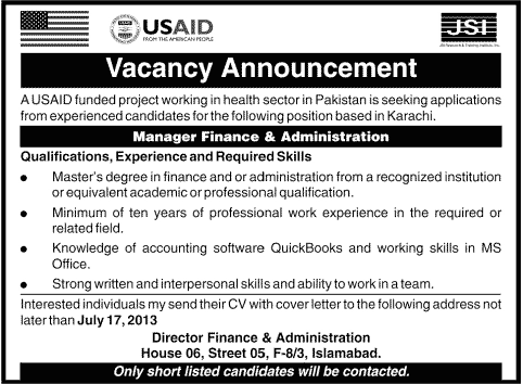 USAID Islamabad Jobs for Manager Finance & Administration