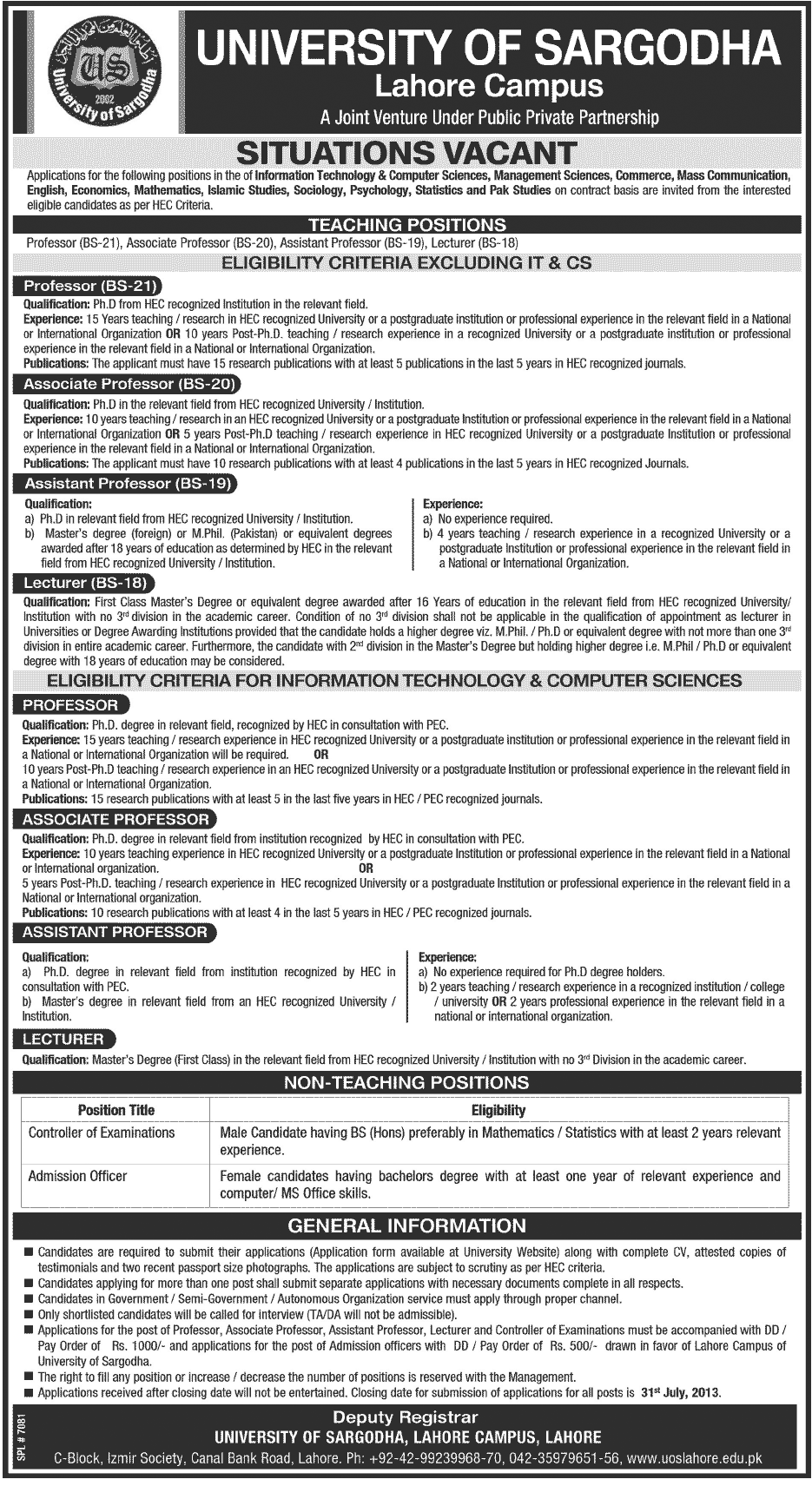 Jobs for Professors & Admission Officer in University of Sargodha Lahore