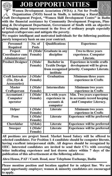 WDA Jobs Required for Project Coordinator, Product Designer & Instructor