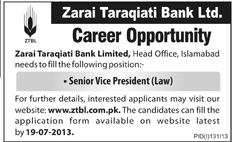 ZTBL Islamabad Jobs Required for Senior Vice President