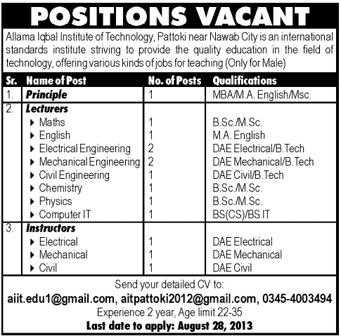 Allama Iqbal Institute of Technology Pattoki Principal,Lecturers,Instructor Jobs