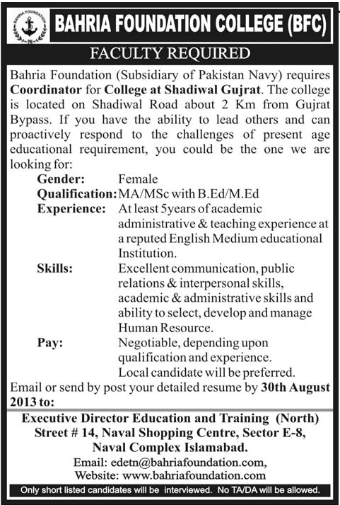 Bahria Foundation College Gujrat Faculty Jobs