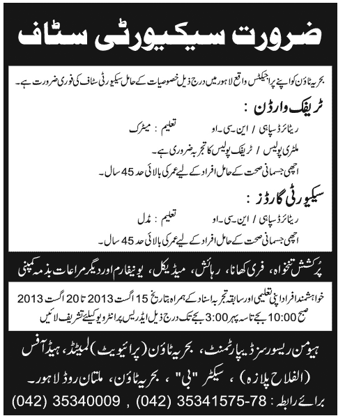 Bahria Town Lahore Jobs for Traffic Warden & Security Guard