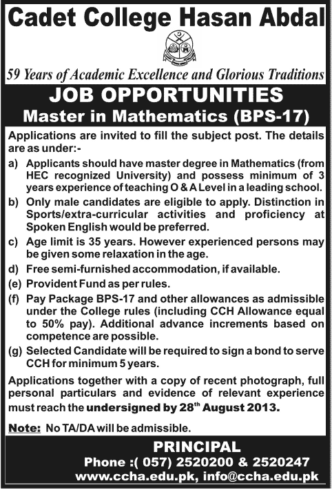 Cadet College Hasan Abdal Mathematics Teacher Job 2013