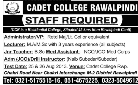 Cadet College Rawalpindi Staff Jobs