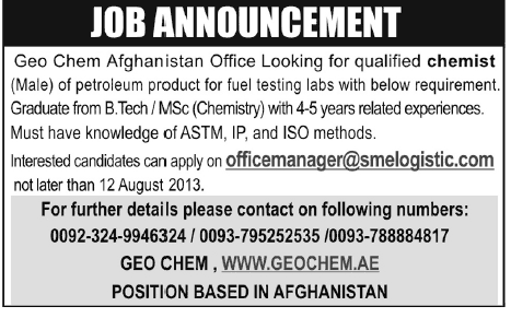 Chemist Jobs Required in Afghanistan