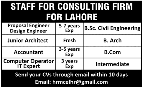 Consultant Jobs for Design Engineer, Junior Architect, Accountant in Lahore
