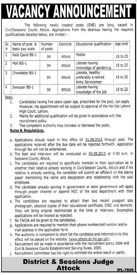 District & Session Judge Attock Jobs for Naib Qsid & Gardener