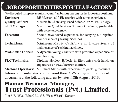 Engineer & Technician Jobs in Trust Professionals Ptv. Ltd Karachi