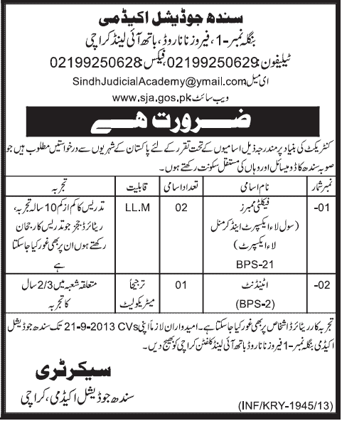 Faculty Jobs in Sindh Judicial Academy Karachi