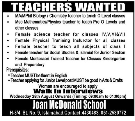 Female Teacher Jobs in Joan McDonald School Islamabad