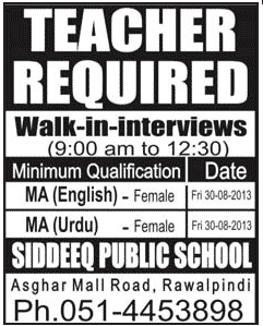 Female Teachers Jobs in Siddeeq Public School Rawalpindi