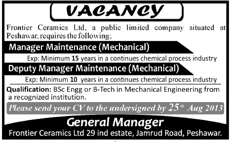 Frontier Ceramics Peshawar Jobs for Manager