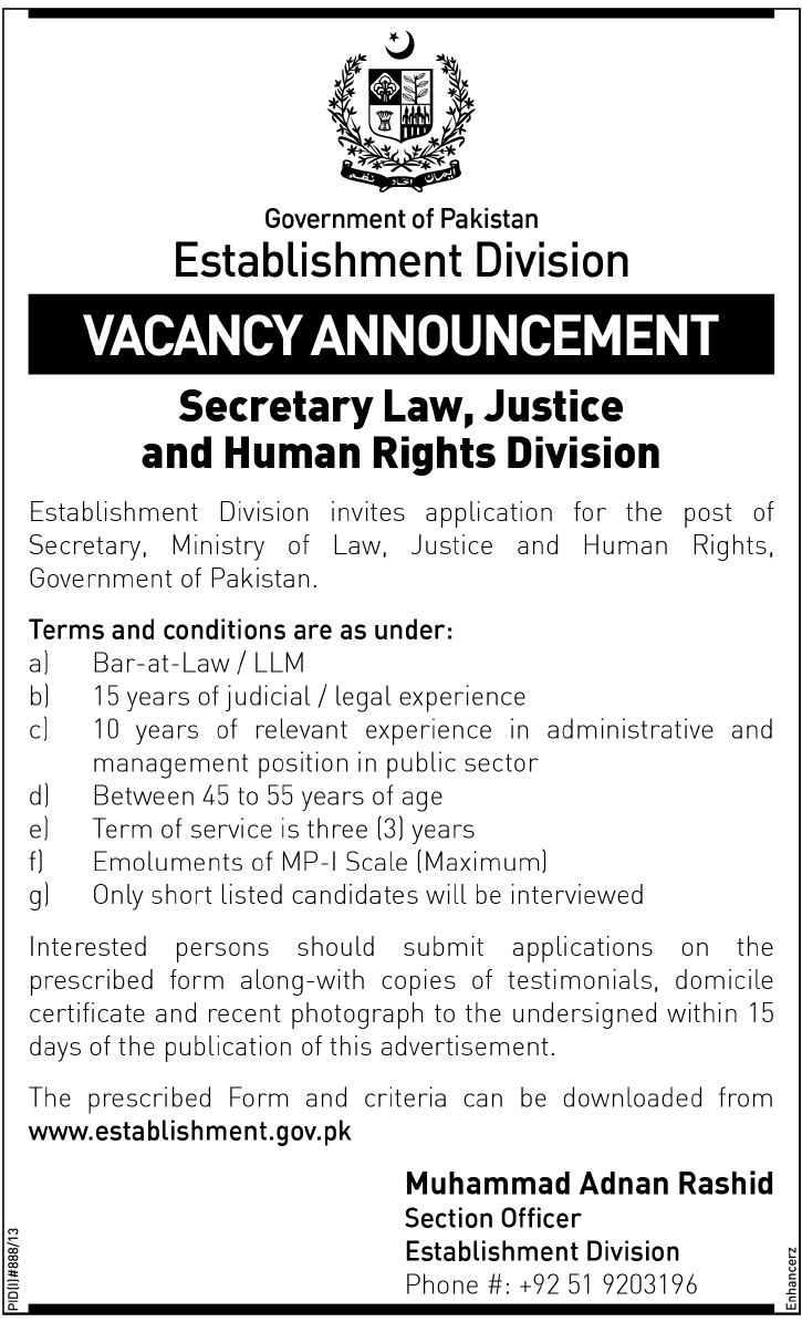 Government Jobs in Establishment Division for Law Secretary