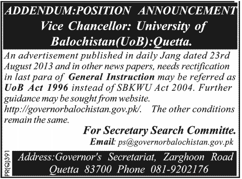 Job for Vice Chancellor in University of Balochistan