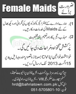 Jobs in Bahria Town for Female Maids - Rawalpindi