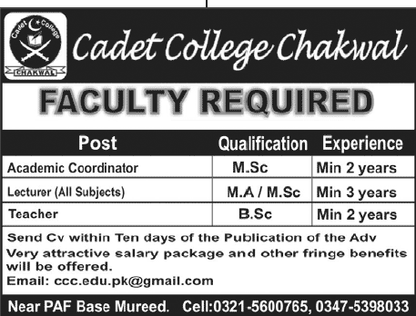 Jobs in Cadet College for Academic Coordinator in Chakwal