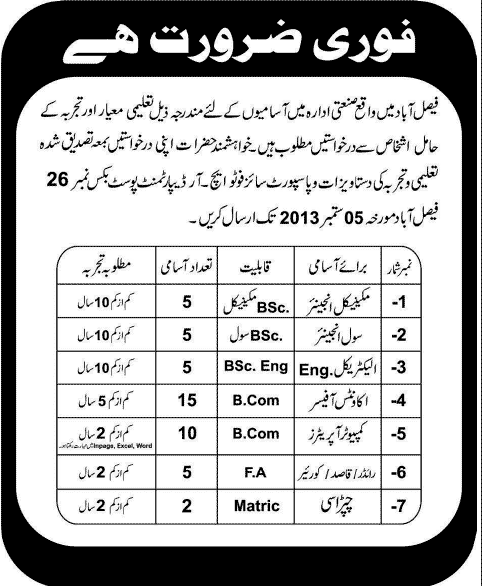 Jobs in Faisalabad for Mechanical, Civil, Electrical Eng & Accounts Officer