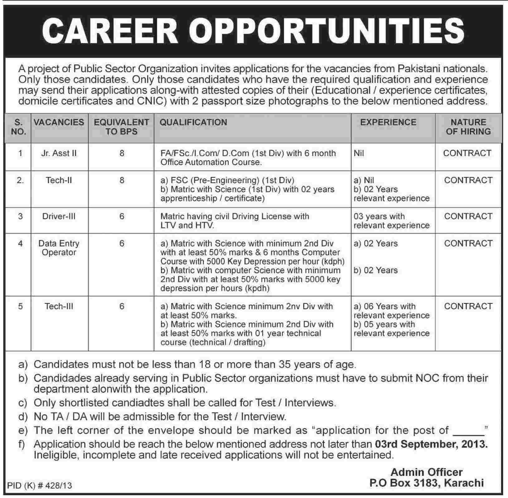 Junior Assistant and Technical Jobs in Public Sector Karachi