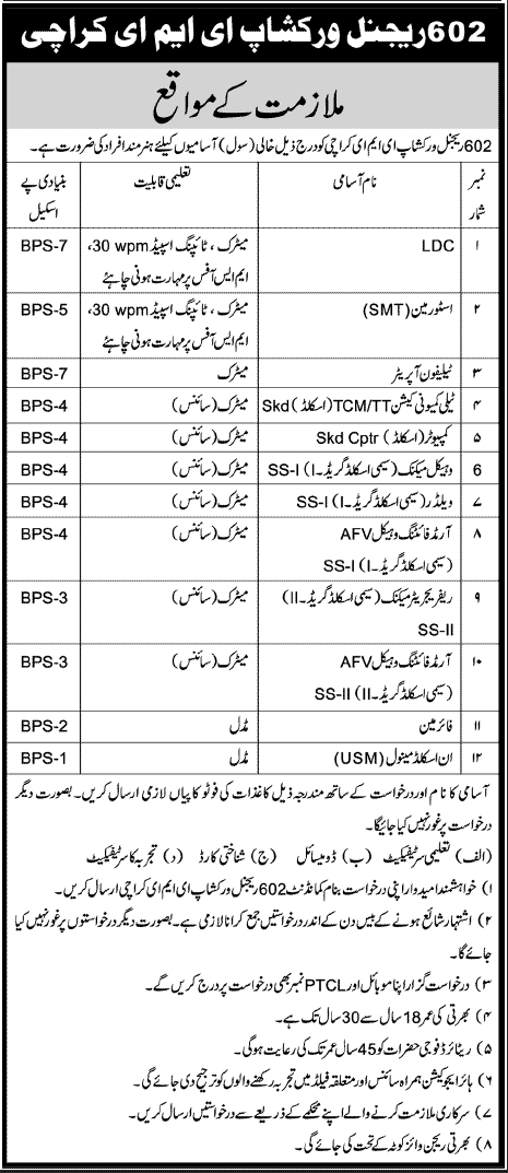 LDC & Computer Operator Jobs in 602 Regional Workshop EME Karachi