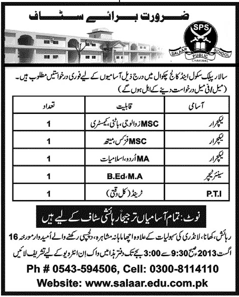 Lecturer Jobs in Salar Public School and College Chakwal